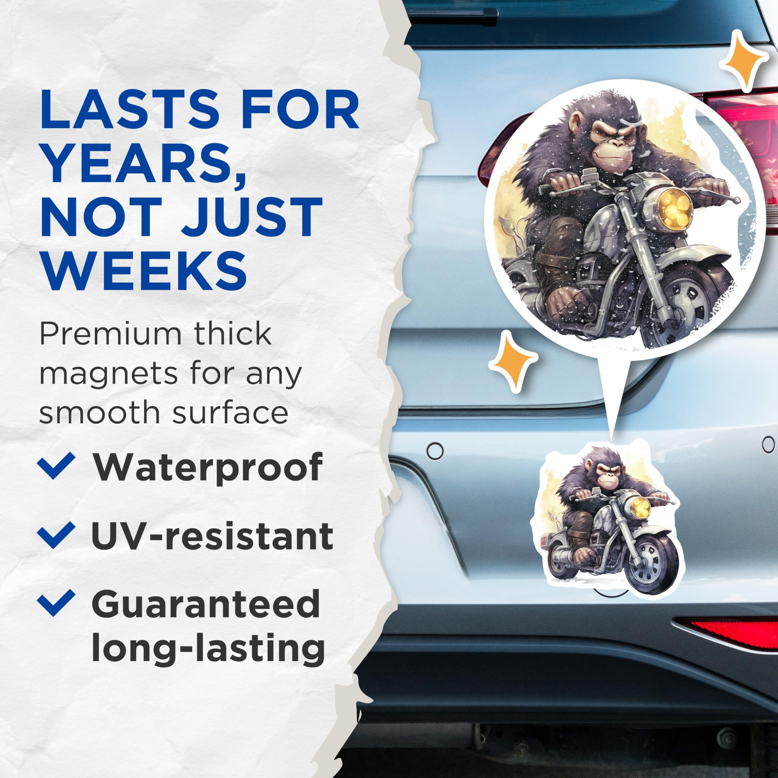 (2 Pack) Biker Monkey Magnets - Motorcycle Riding Ape Art - Novelty Fridge Decorations - 5" On Longest Side - Premium Magnet - for Cars, Refrigerators, Toolboxes, Lockers - Made in USA - MAG16948