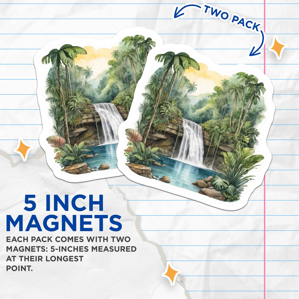 (2 Pack) Tropical Waterfall Magnets - Lush Jungle Landscape - Nature Inspired Decor - Exotic Rainforest Fridge Magnets - 5 Inches On Longest Side - Thick Durable Magnet - Made in USA - MAG39430