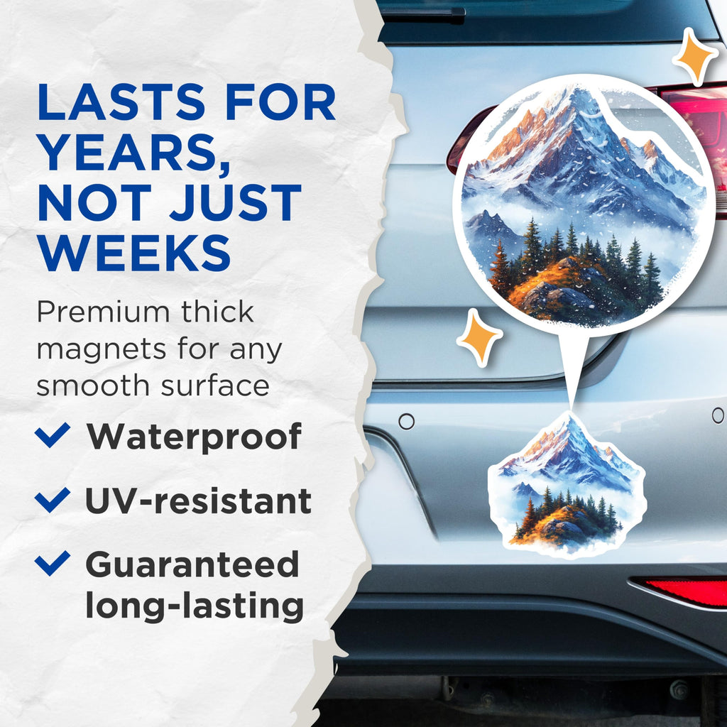 (2 Pack) Mountain Landscape Magnets - Snowy Peaks Art - Outdoor Adventure Decor - 5 Inches On Longest Side - Thick Durable Magnet - Made in USA - MAG25604