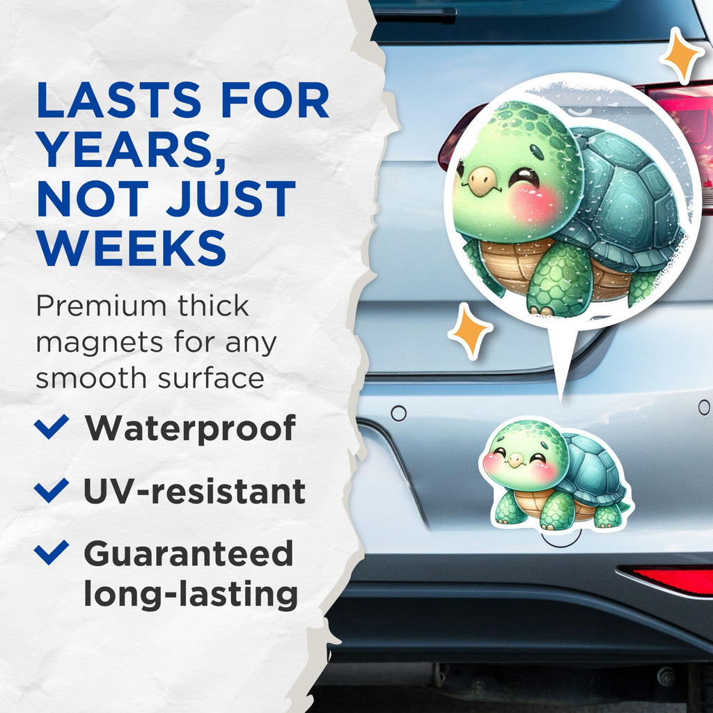 (2 Pack) Cute Cartoon Turtle Magnets - Adorable Ocean Creature Art - Animal Fridge Decor - 5 Inches On Longest Side - Thick Durable Magnet - Made in USA - MAG20444