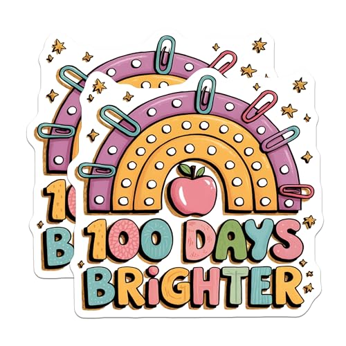 (2 Pack) 100 Days Brighter Stickers - Rainbow Classroom Stickers - Teacher Appreciation Stickers - 5" On Longest Side - Sticks to Any Smooth Flat Surface - Made in USA - BMCS3063