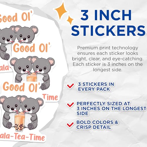 (3 Pack) Koala Tea Time Decals - Bubble Tea - Cute Animal Laptop Stickers - 3 Inches On Longest Side - Easy Peel & Apply - Made in USA - 3MCS6506