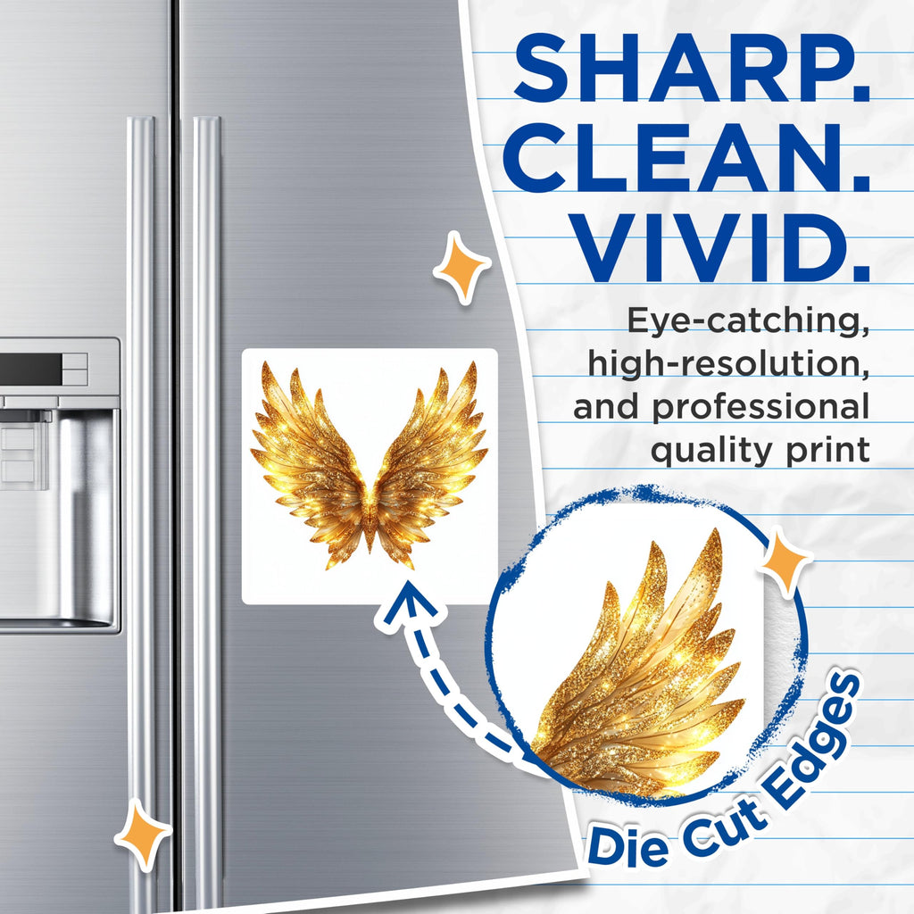 (2 Pack) Golden Angel Wings Magnets - Faux Glitter Wing Decor - Celestial Fridge Art - Spiritual Home Accents - 5 Inches On Longest Side - Thick Durable Magnet - Made in USA - MAG27895