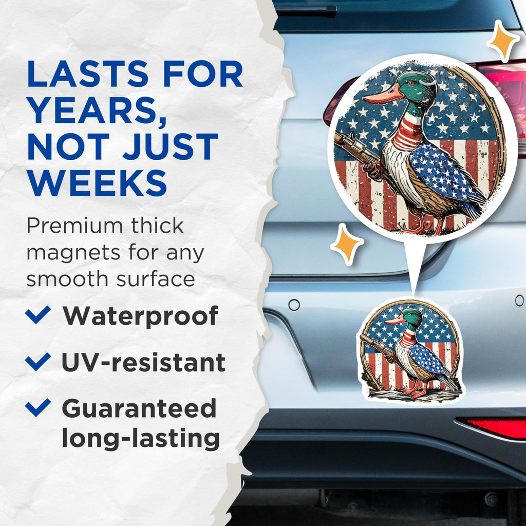 (2 Pack) Patriotic Duck Magnets - American Flag Rifle Hunter - USA Wildlife Vehicle Decor - 5 Inches On Longest Side - Thick Durable Magnet - Made in USA - MAG20525