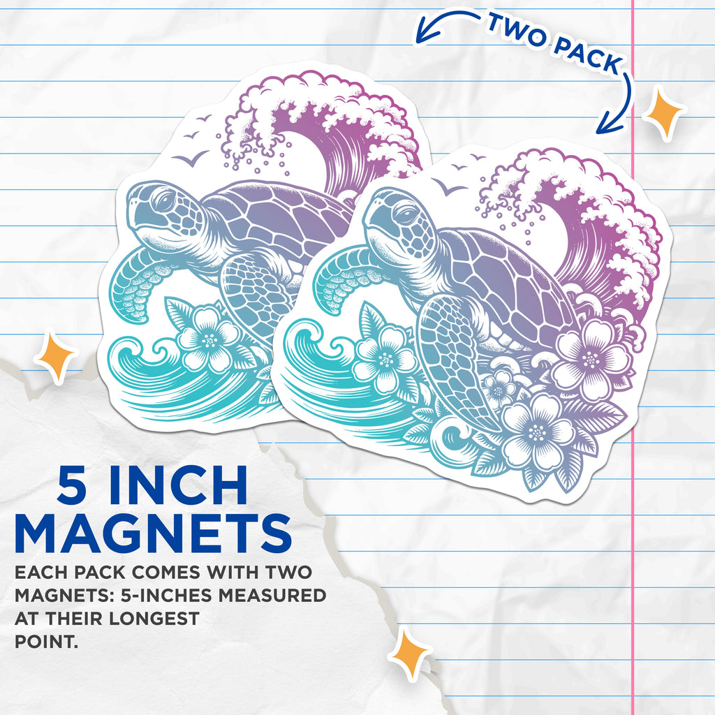 (2 Pack) Sea Turtle Magnets - Ocean Waves Flowers - Coastal Beach Decor Accessory - 5 Inches On Longest Side - Thick Durable Magnet - Made in USA - MAG36973