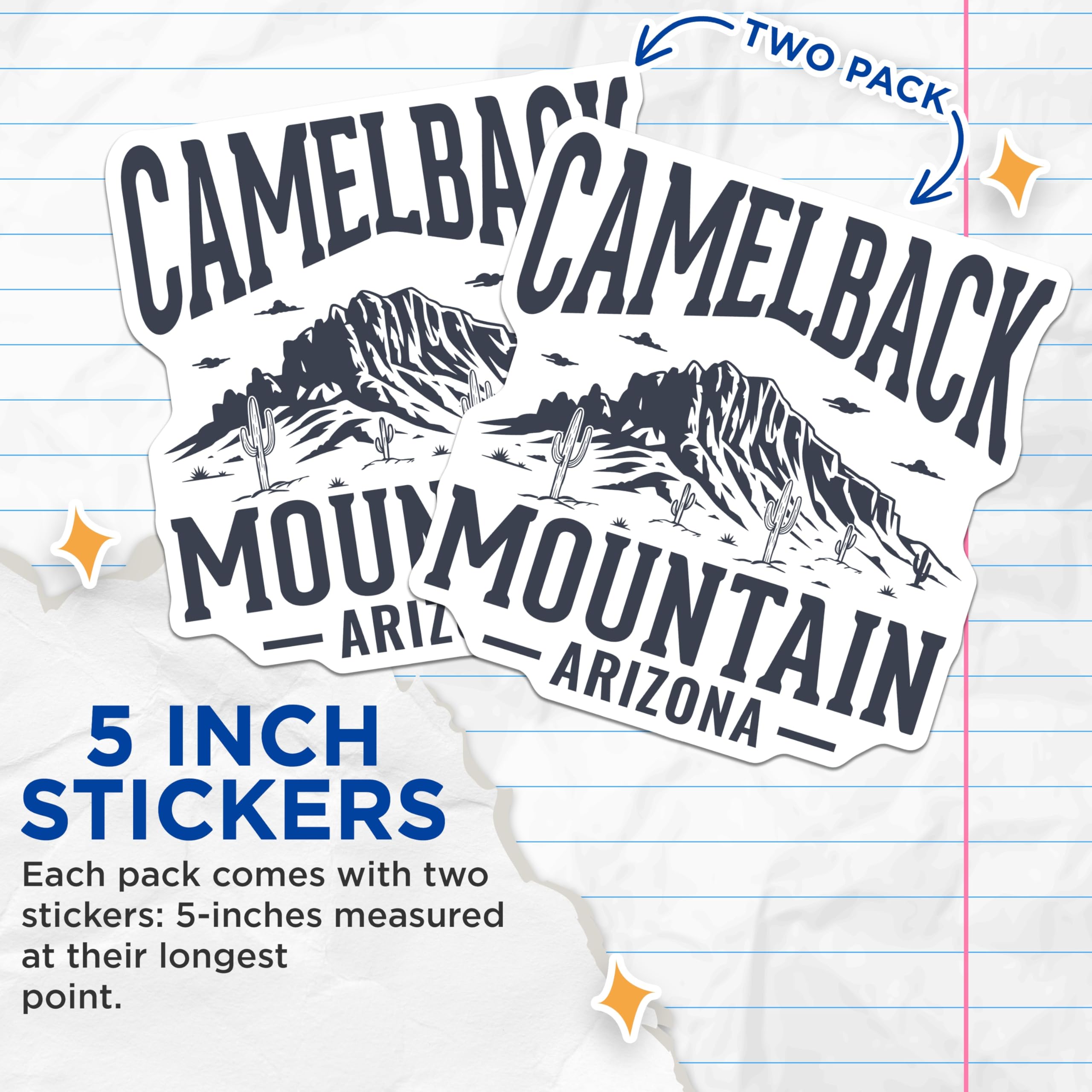 (2 Pack) Camelback Mountain Arizona Stickers - Desert Landscape - Cactus Arizona Souvenir - 5" On Longest Side - Sticks to Smooth Flat Surfaces - Made in USA - BMCS18710
