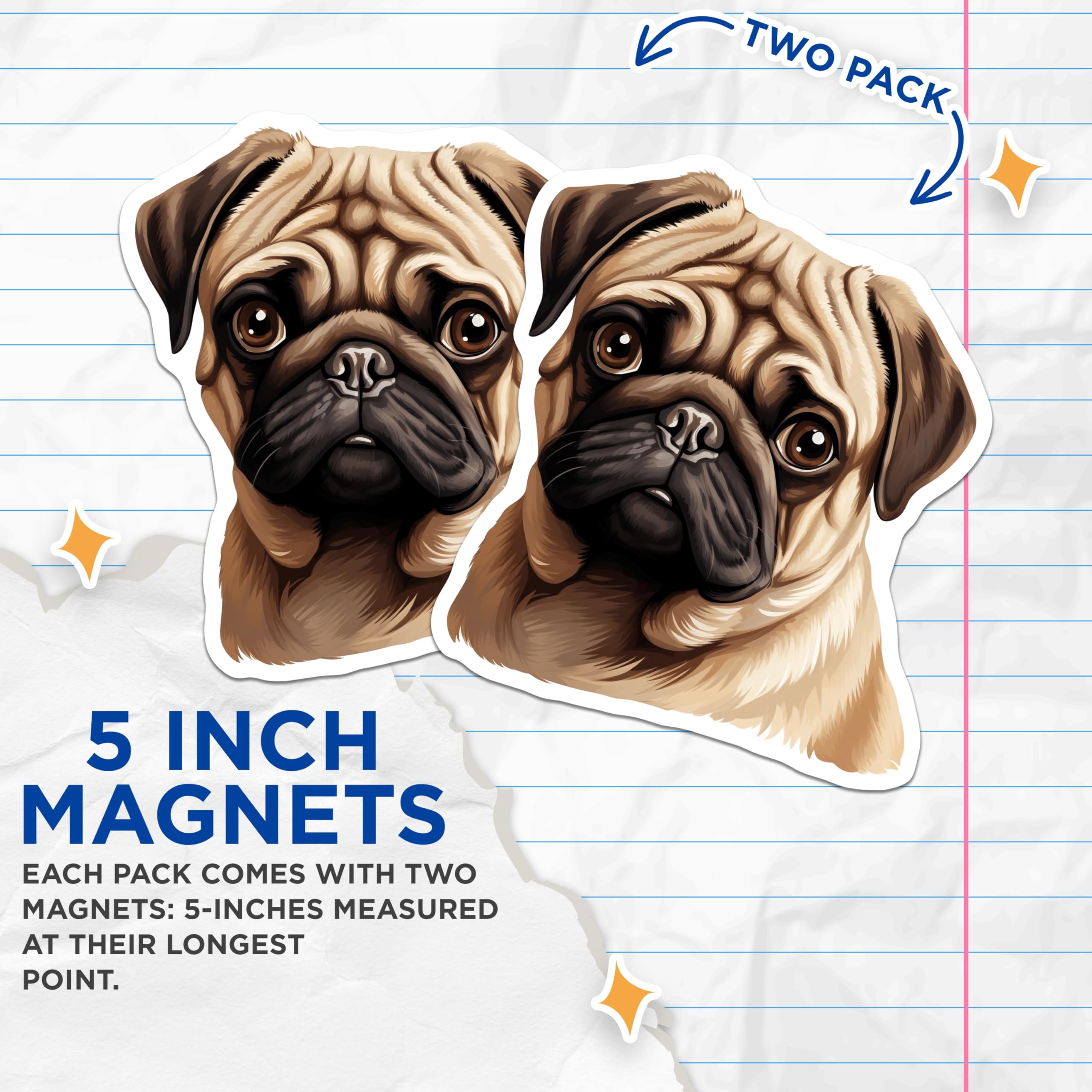 (2 Pack) Cute Pug Dog Magnets - Dog Owner Refrigerator Decor - Adorable Animal Art - 5 Inches On Longest Side - Thick Durable Magnet - Made in USA - MAG26605