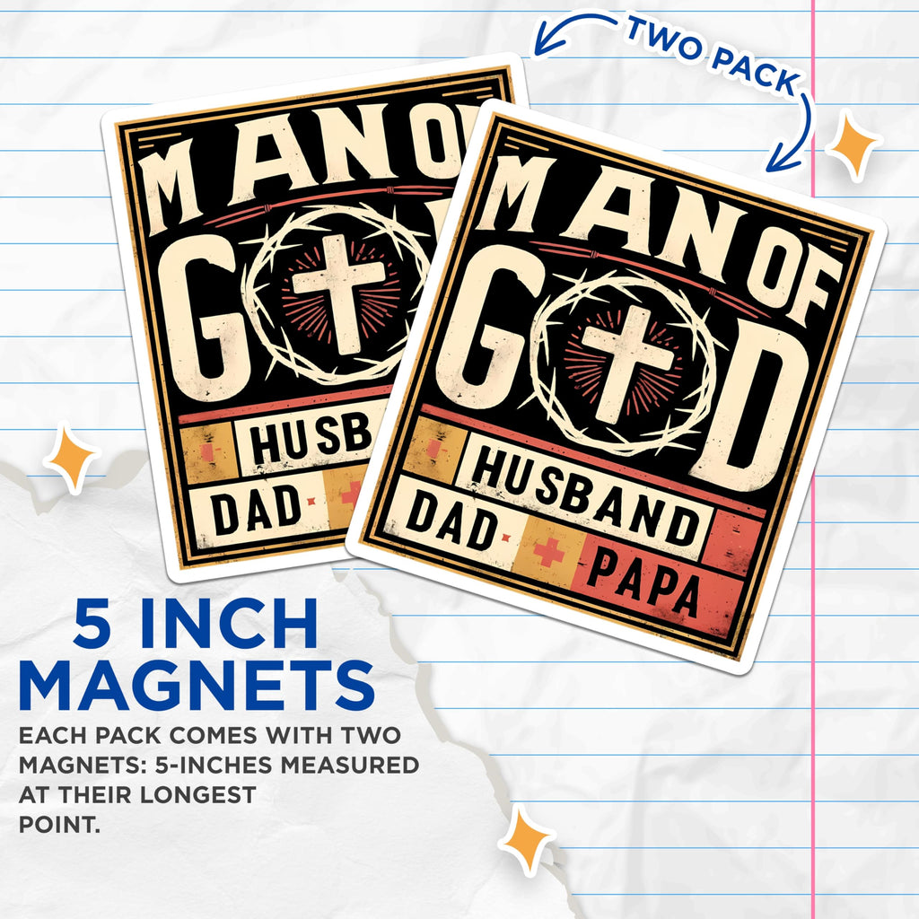 (2 Pack) Man of God Magnets - Christian Husband Dad Papa - Faith Based Religious Decor for Men - 5 Inches On Longest Side - Thick Durable Magnet - Made in USA - MAG28957