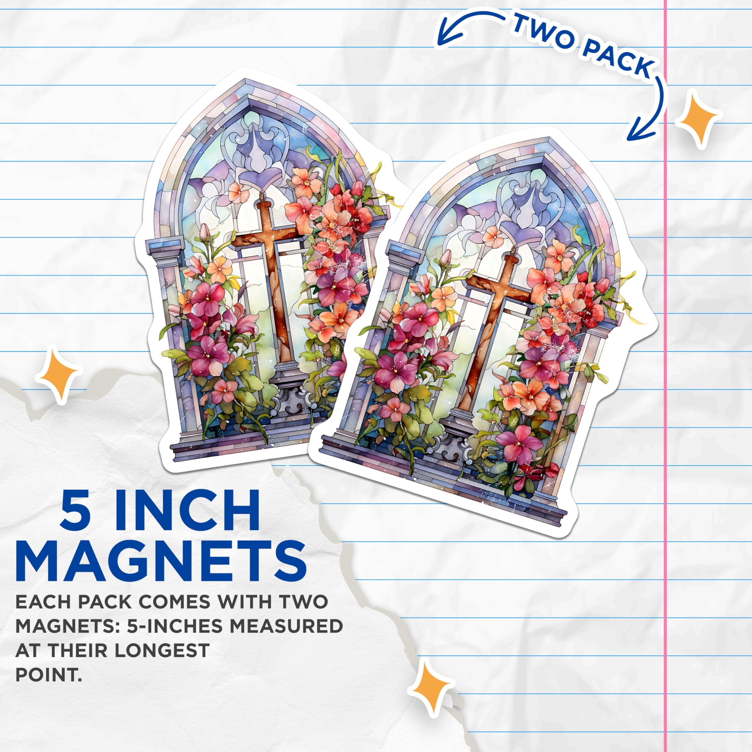 (2 Pack) Stained Glass Cross Magnets - Christian Decor Art - Floral Church Window Decoration - 5 Inches On Longest Side - Thick Durable Magnet - Made in USA - MAG30343