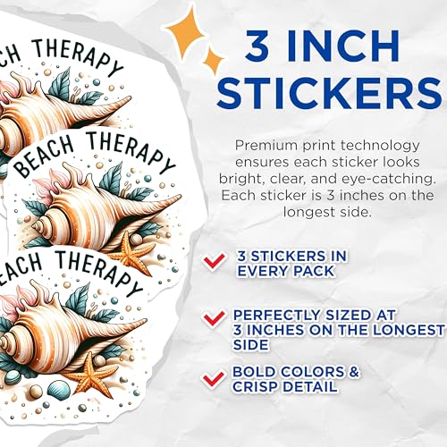 (3 Pack) Beach Therapy Decals - Seashells Stickers - Starfish Decals - 3 Inches On Longest Side - Easy Peel & Apply - Made in USA - 3MCS8062