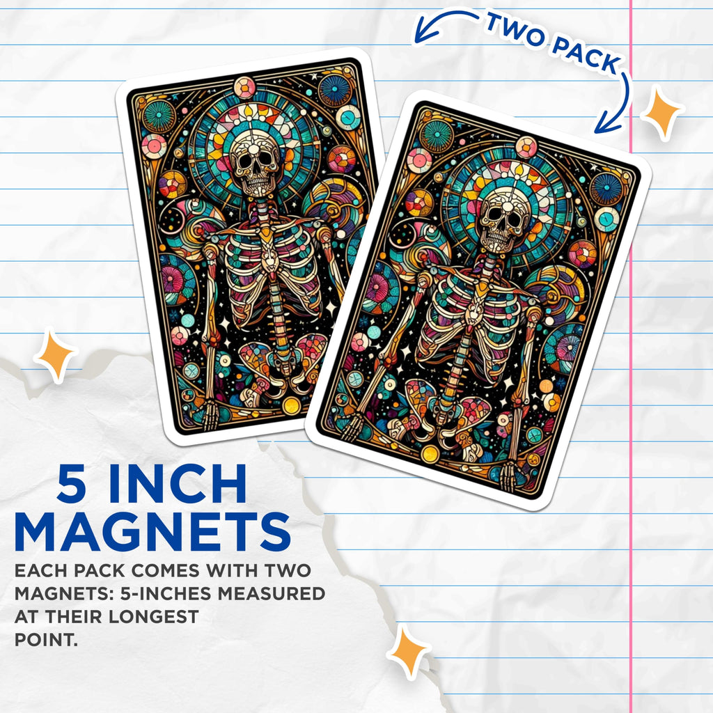 (2 Pack) Stained Glass Skeleton Magnets - Intricate Skull Art - Vibrant Bones Decor - Celestial Gothic Magnets - 5 Inches On Longest Side - Thick Durable Magnet - Made in USA - MAG21232