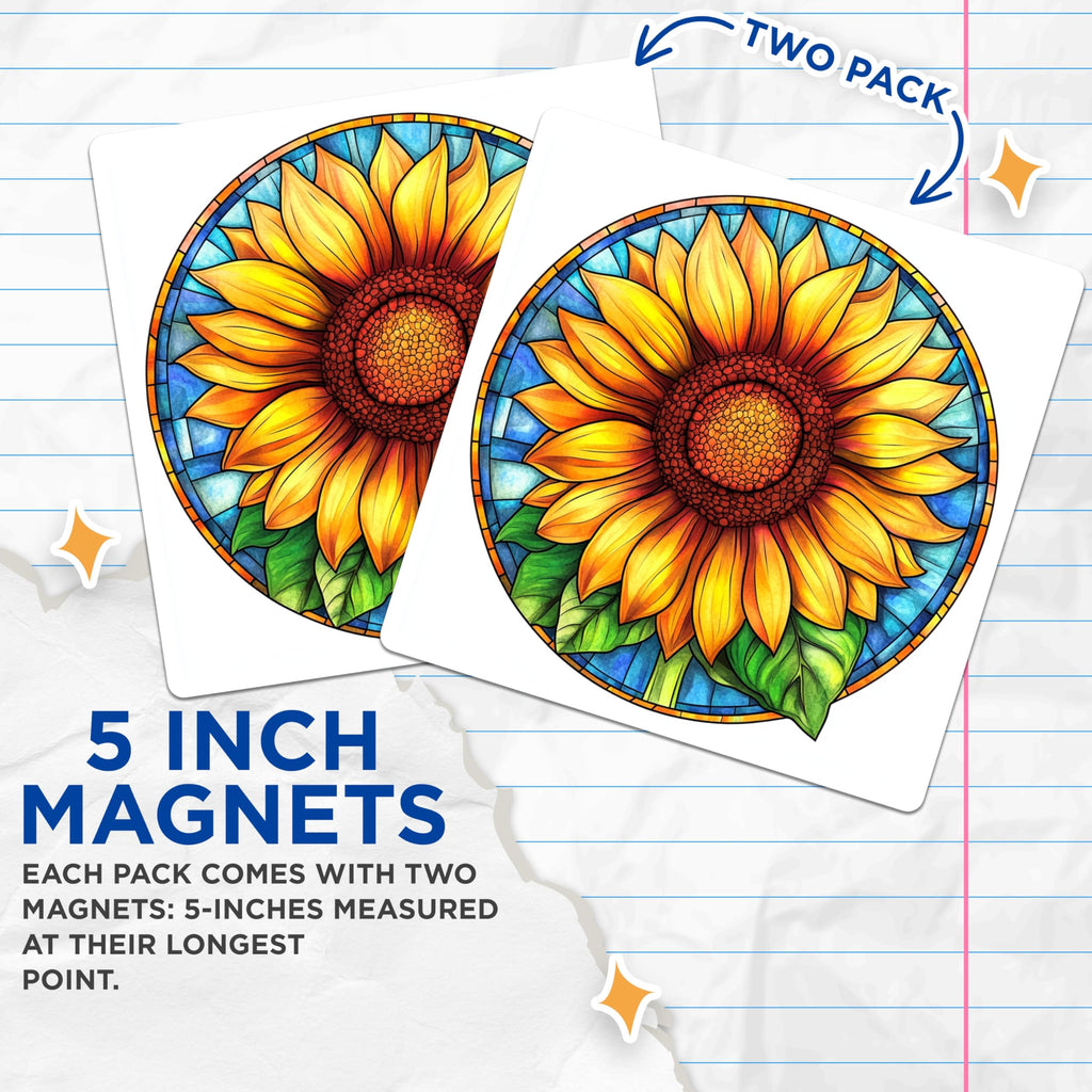 (2 Pack) Stained Glass Sunflower Magnets - Floral Botanical Design - Vibrant Nature Decor - 5 Inches On Longest Side - Thick Durable Magnet - Made in USA - MAG24442