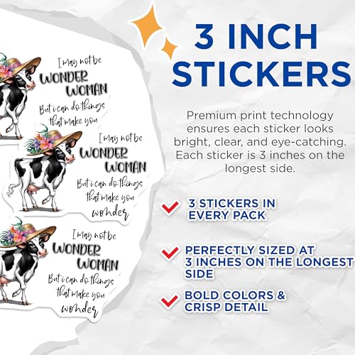 (3 Pack) Wonder Woman Cow Decals - Funny Cow Saying - Floral Hat Cow Decal - 3 Inches On Longest Side - Easy Peel & Apply - Made in USA - 3MCS8575