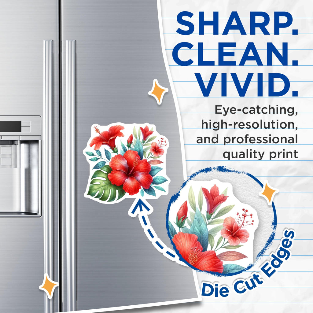 (2 Pack) Red Hibiscus Magnets - Tropical Flower Artwork - Monstera Leaf Botanical Decor - Aloha Blossom Fridge Magnets - 5 Inches On Longest Side - Thick Durable Magnet - Made in USA - MAG21468