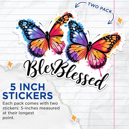 (2 Pack) Blessed Butterfly Art Stickers - Colorful Butterfly Decal - Inspirational Butterfly Design - 5" On Longest Side - Sticks to Any Smooth Flat Surface - Made in USA - BMCS2913