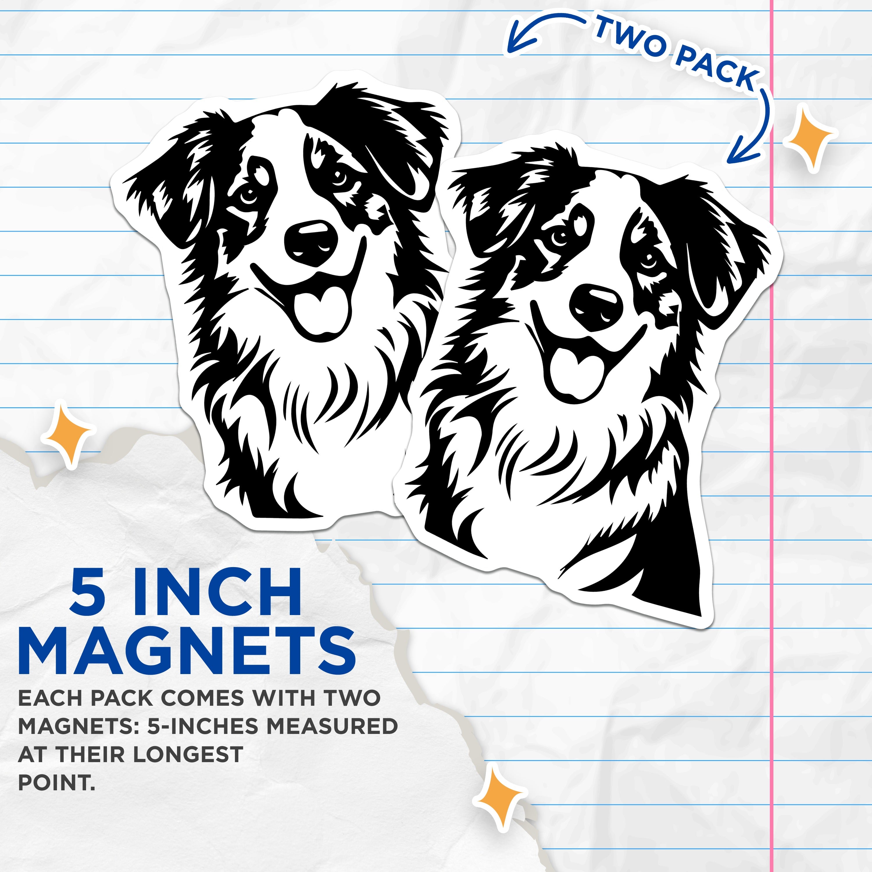 (2 Pack) Australian Shepherd Magnets - Happy Aussie Dog Decor - Pet Owner Refrigerator Locker Accent - 5 Inches On Longest Side - Thick Durable Magnet - Made in USA - MAG39481