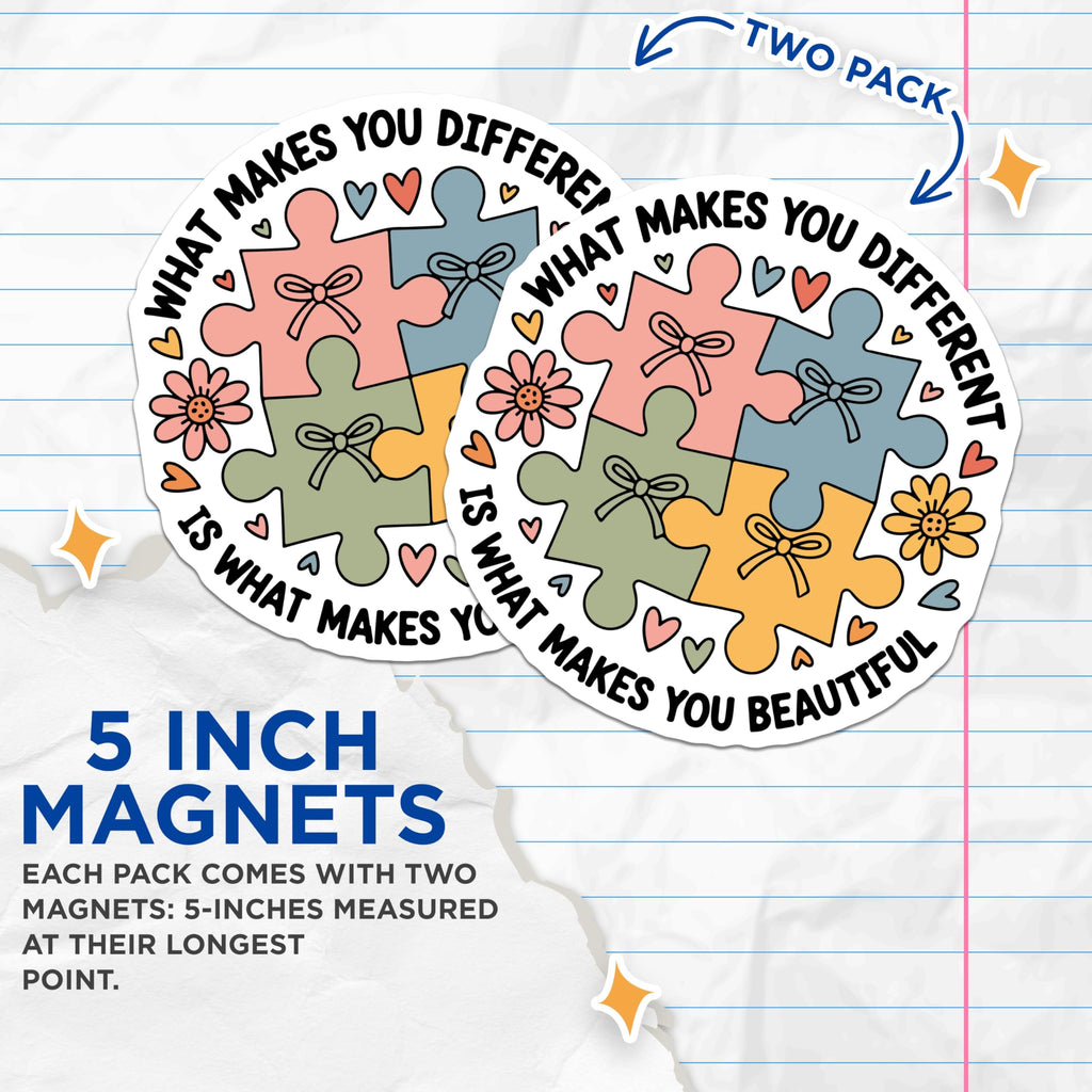 (2 Pack) Autism Acceptance Magnets - Neurodiversity Awareness Decor - Unique is Beautiful Message - 5 Inches On Longest Side - Thick Durable Magnet - Made in USA - MAG20452