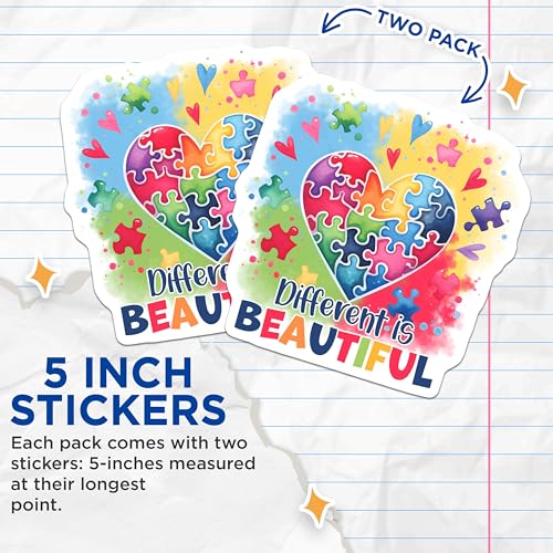 (2 Pack) Different is Beautiful Stickers - Autism Awareness Stickers - Colorful Heart Puzzle Stickers - 5" On Longest Side - Sticks to Any Smooth Flat Surface - Made in USA - BMCS3199