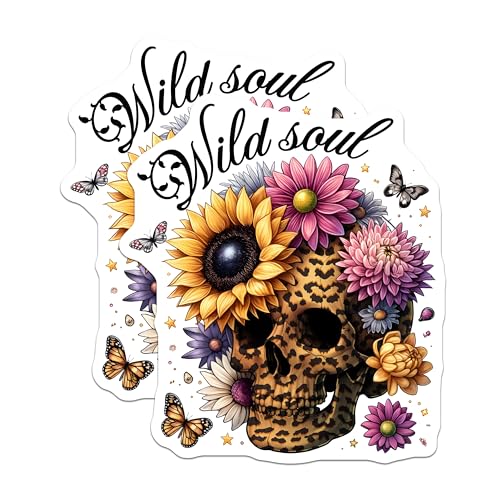 (2 Pack) Wild Soul Magnets - Skull with Flowers - Sunflower Decor - Butterfly Decorations - 5" On Longest Side - for Cars, Fridges, Toolboxes - Made in USA - MAG7378