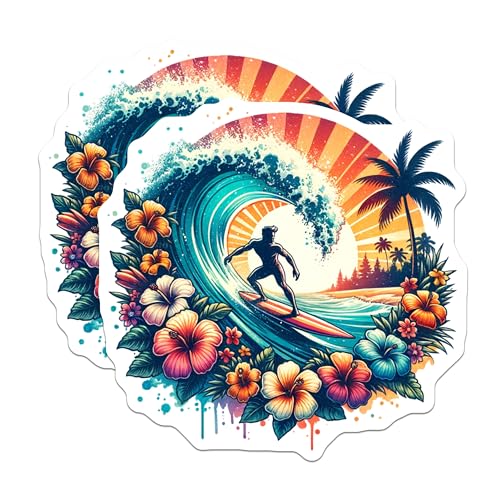 (2 Pack) Colorful Surfing Wave Stickers - Vibrant Surf Art - Tropical Beach Theme - 5" On Longest Side - Sticks to Smooth Flat Surfaces - Made in USA - BMCS6450