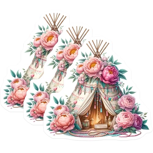 (3 Pack) Floral Teepee Decals - Boho Tent Stickers - Decorative Laptop Decals - 3 Inches On Longest Side - Easy Peel & Apply - Made in USA - 3MCS7616