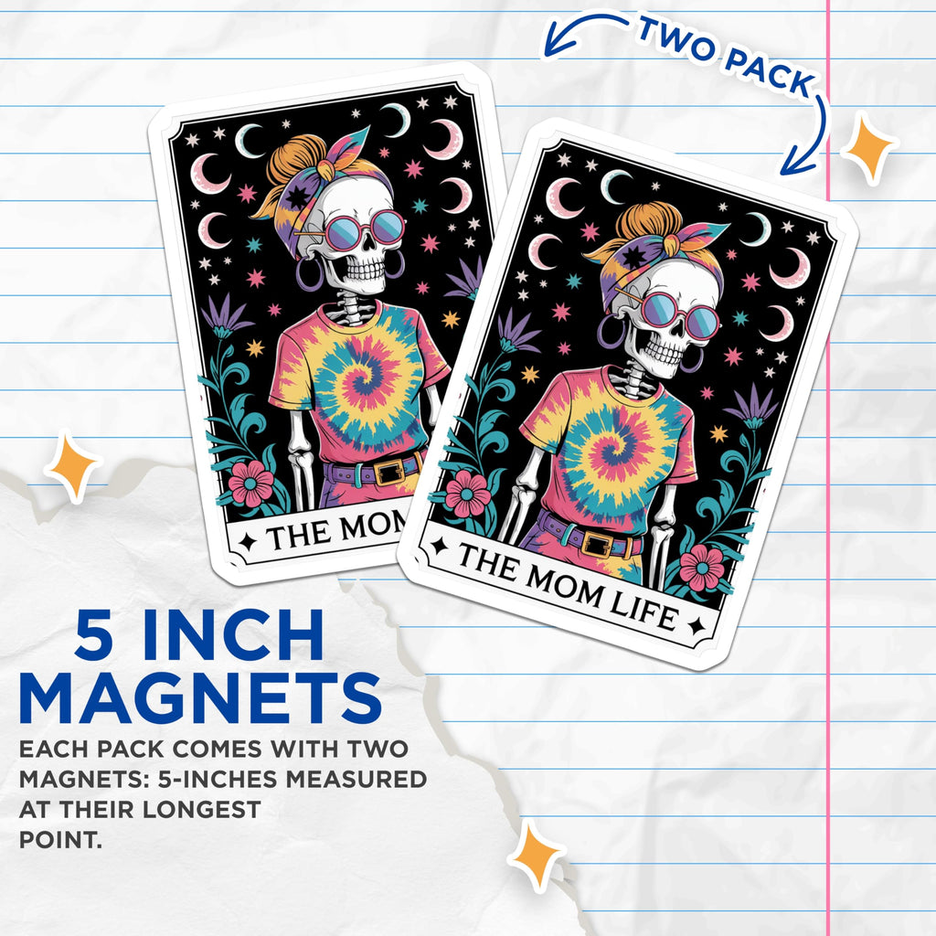 (2 Pack) Mom Life Skeleton Magnets - Tie Dye Hippie Mama - Celestial Boho Fridge Decor - 5 Inches On Longest Side - Thick Durable Magnet - Made in USA - MAG22200