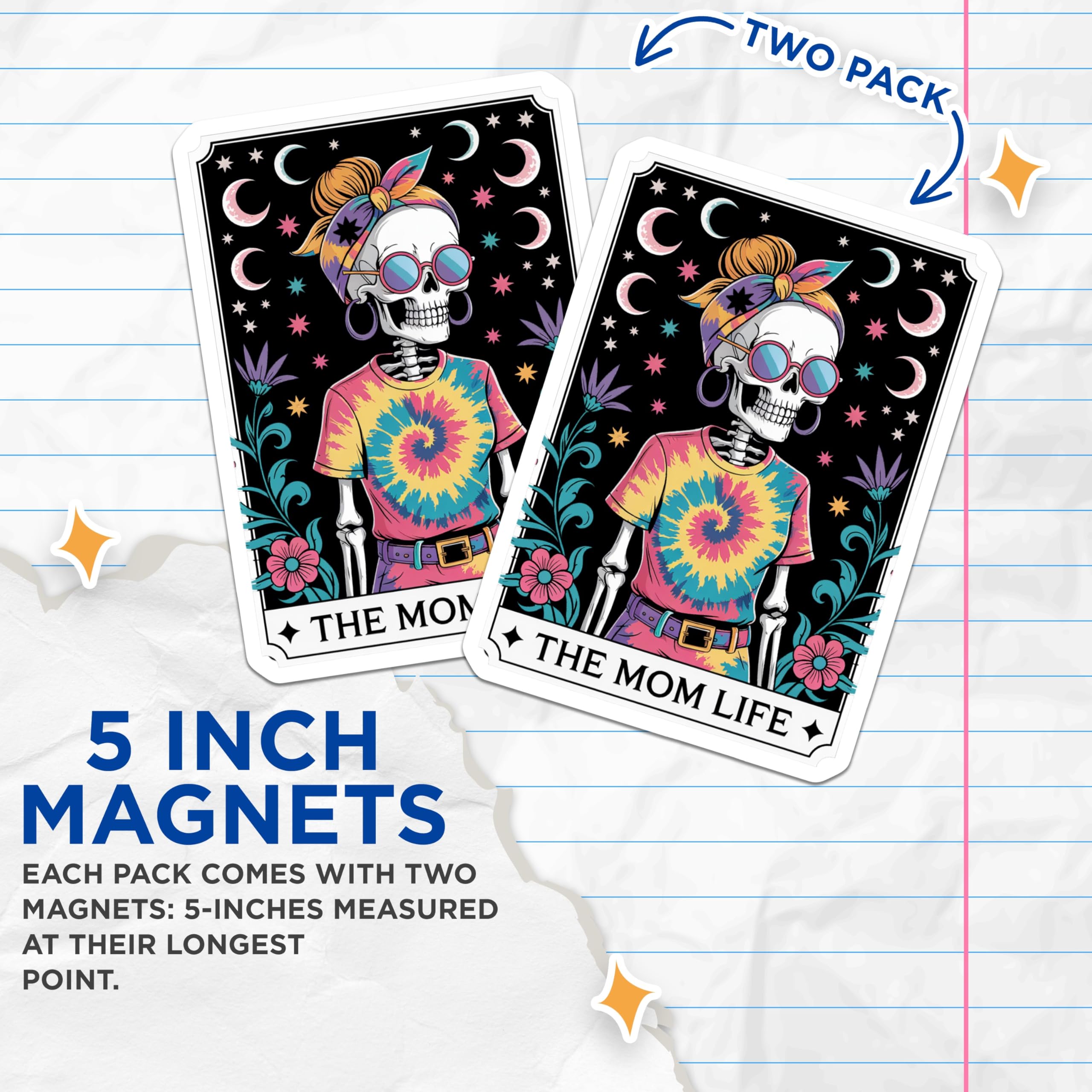 (2 Pack) Mom Life Skeleton Magnets - Tie Dye Hippie Mama - Celestial Boho Fridge Decor - 5 Inches On Longest Side - Thick Durable Magnet - Made in USA - MAG22200