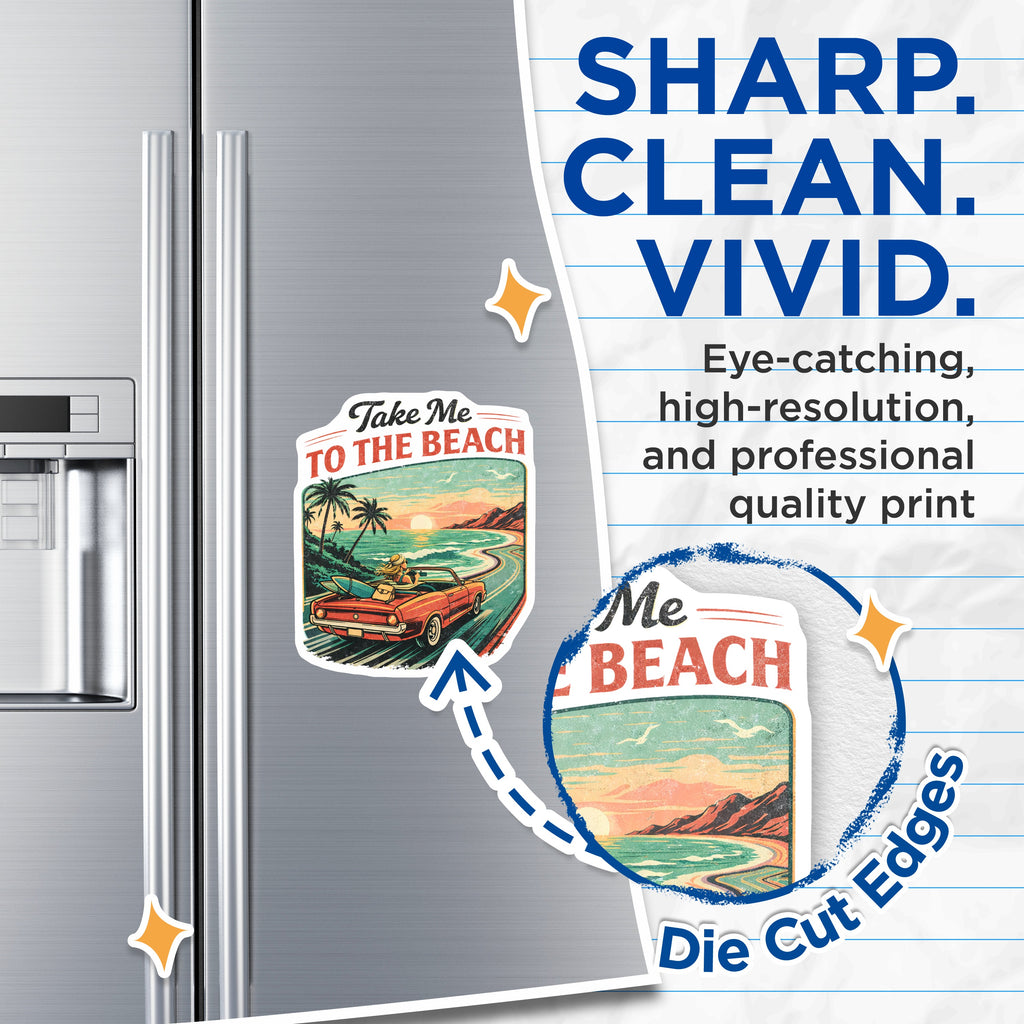 (2 Pack) Take Me to The Beach Magnets - Retro Surf Convertible - Coastal Ocean Sunset Road Trip Aesthetic - 5 Inches On Longest Side - Thick Durable Magnet - Made in USA - MAG38762
