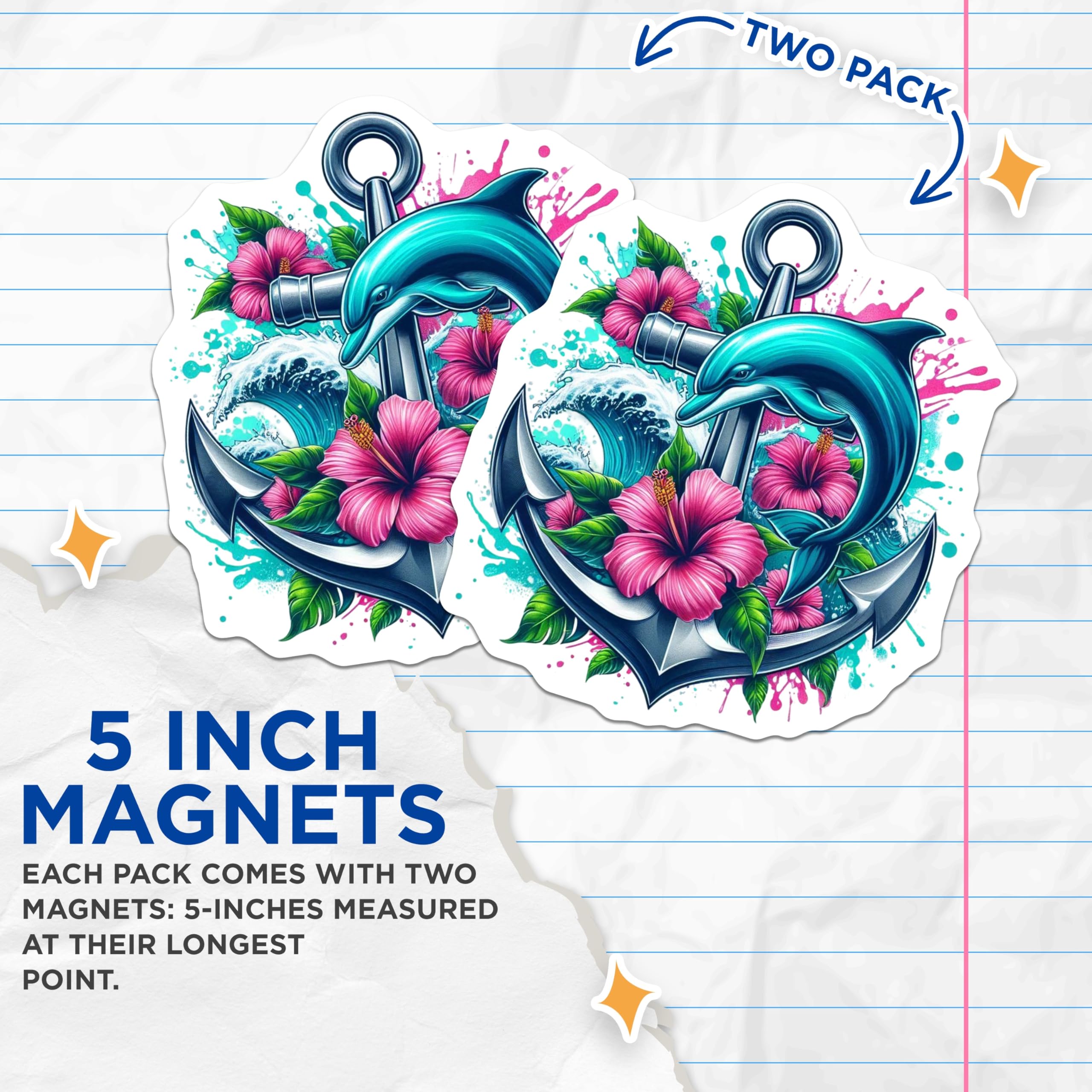 (2 Pack) Dolphin Anchors Magnets - Hibiscus Flower - Ocean Wave Summer Theme - 5" On Longest Side - Premium Magnet - for Cars, Refrigerators, Toolboxes, Lockers - Made in USA - MAG16484