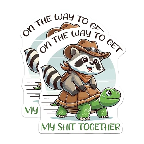 (2 Pack) On The Way to Get My Shit Together Stickers - Cute Raccoon and Turtle - 5" On Longest Side - Sticks to Smooth Flat Surfaces - Made in USA - BMCS6220