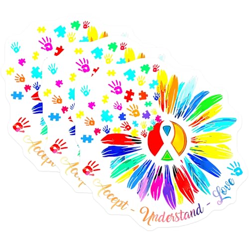 (3 Pack) Autism Awareness Decals - Puzzle Piece Flower - Accept Understand Love Decals - 3 Inches On Longest Side - Easy Peel & Apply - Made in USA - 3MCS2128