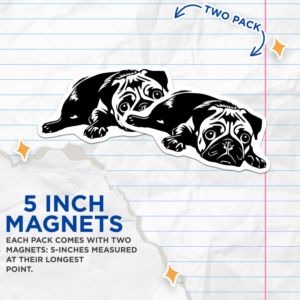 (2 Pack) Pug Dog Magnets - Minimalist Pet Art - Black White Animal Decor - Dog Lover Items - Fridge Locker Car Magnet - 5 Inches On Longest Side - Thick Durable Magnet - Made in USA - MAG37772