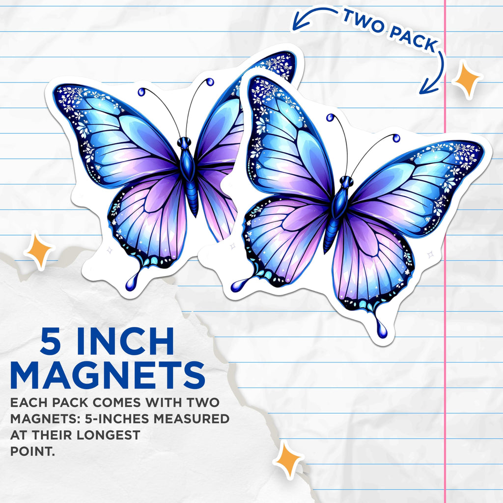 (2 Pack) Butterfly Magnets - Blue Purple Butterfly Decor - Decorative Fridge Magnets - 5" On Longest Side - Premium Magnet - for Cars, Refrigerators, Toolboxes, Lockers - Made in USA - MAG14157