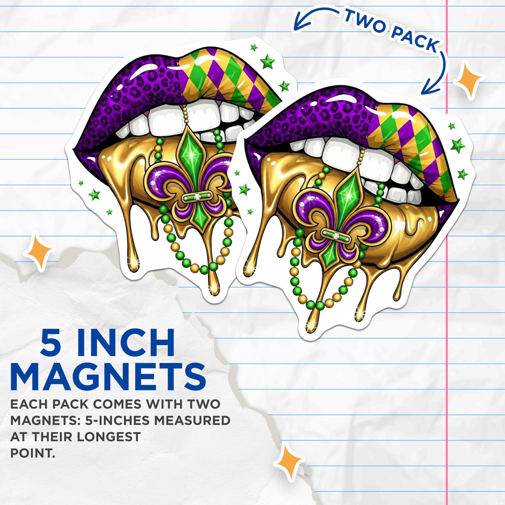 (2 Pack) Mardi Gras Lips Magnets - Fleur De Lis - Carnival Celebration Decor - 5" On Longest Side - Premium Magnet - for Cars, Refrigerators, Toolboxes, Lockers - Made in USA - MAG15173