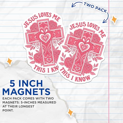(2 Pack) Jesus Loves Me Magnets - Christian Faith - Religious Inspirational - Cross Rose Design - 5" On Longest Side - for Cars, Fridges, Toolboxes - Made in USA - MAG4114