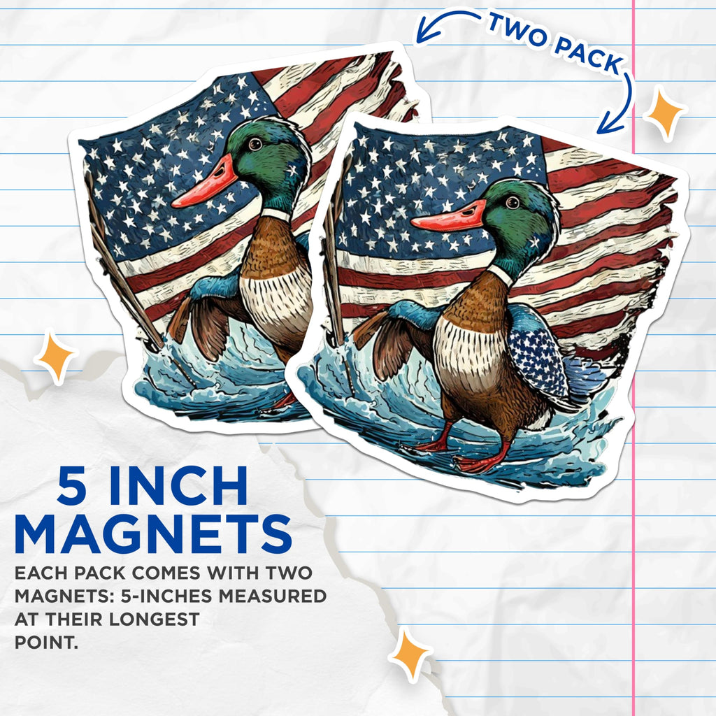(2 Pack) Mallard Duck Magnets - American Flag Wildlife Outdoor Decor - Patriotic Fridge Refrigerator Locker Kitchen Art - 5 Inches On Longest Side - Thick Durable Magnet - Made in USA - MAG22257