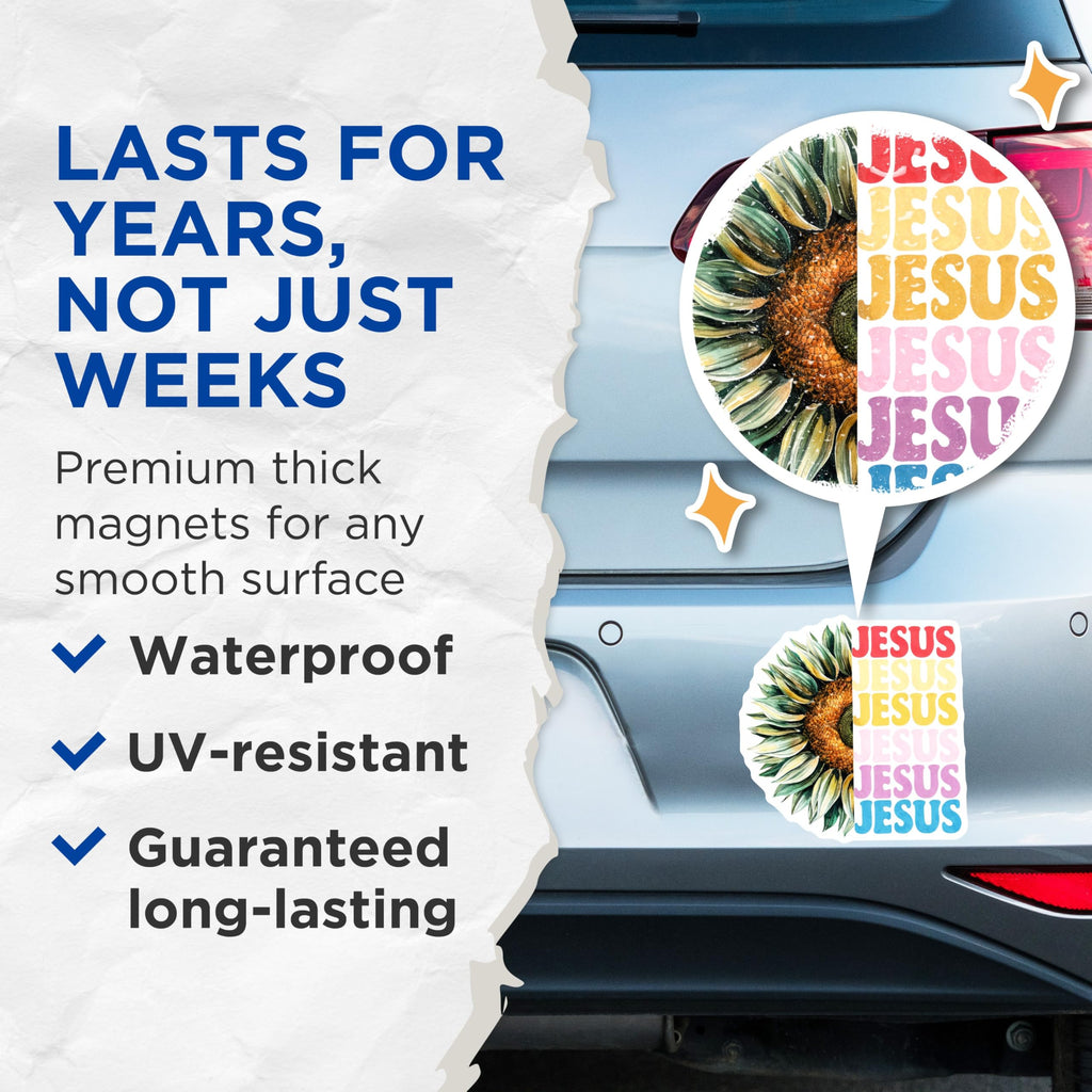 (2 Pack) Jesus Sunflower Magnets - Christian Floral Magnets - Religious Home Decors - 5" On Longest Side - Premium Magnet - for Cars, Refrigerators, Toolboxes, Lockers - Made in USA - MAG15933