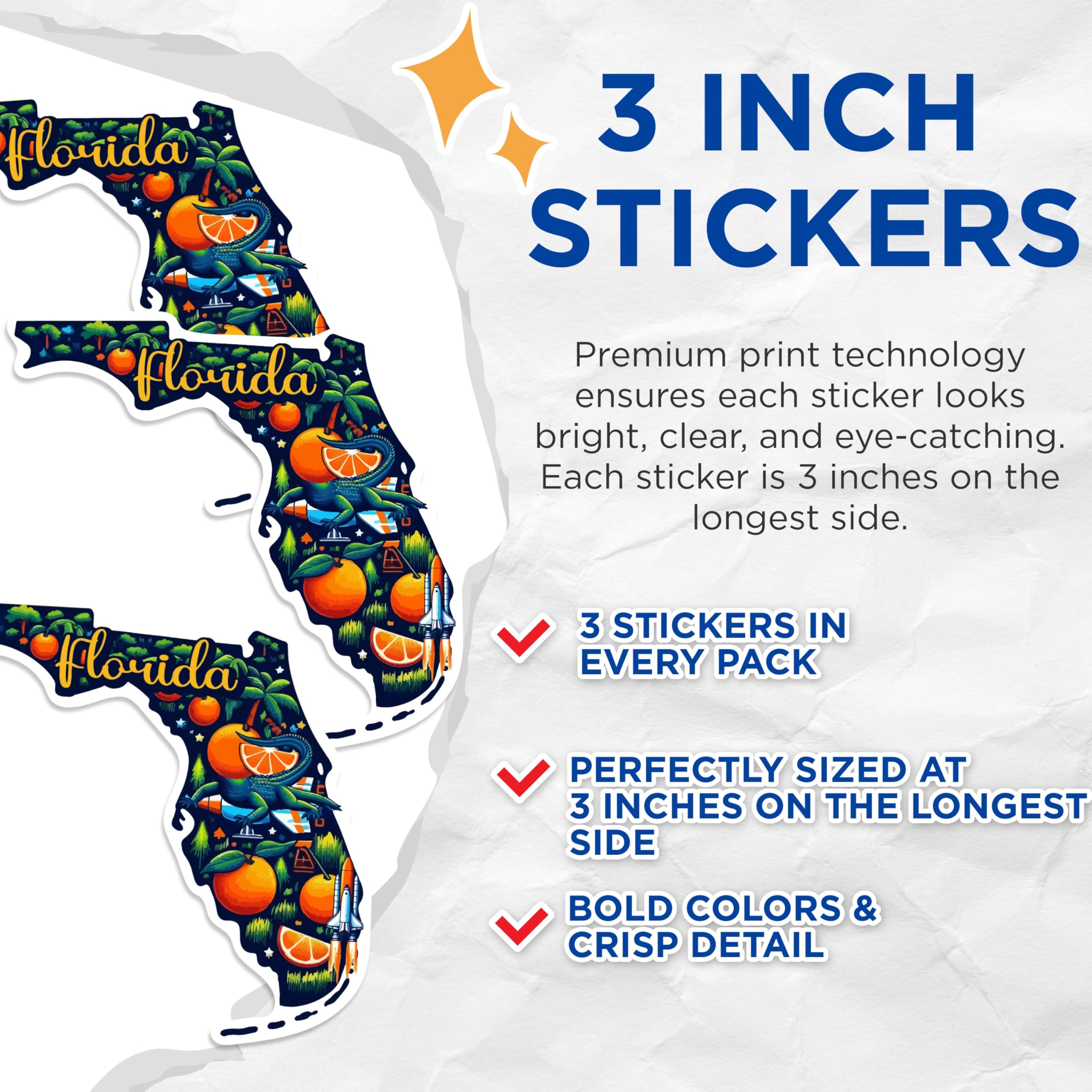 (3 Pack) Florida Decals - Gator and Orange - Space Shuttle Sticker - 3 Inches On Longest Side - Easy Peel & Apply - Made in USA - 3MCS0128