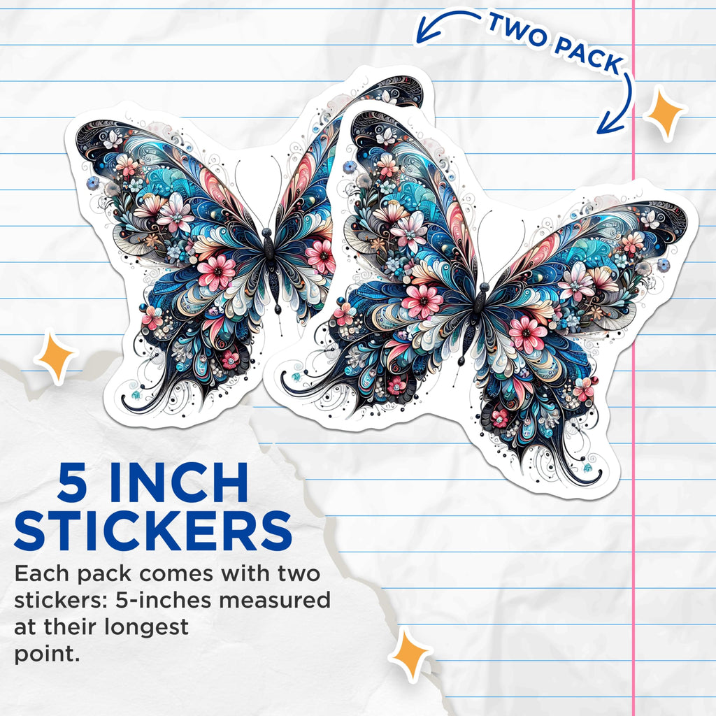 (2 Pack) Butterfly Stickers - Floral Butterfly Decals - Decorative Stickers - 5" On Longest Side - Sticks to Smooth Flat Surfaces - Made in USA - BMCS14325