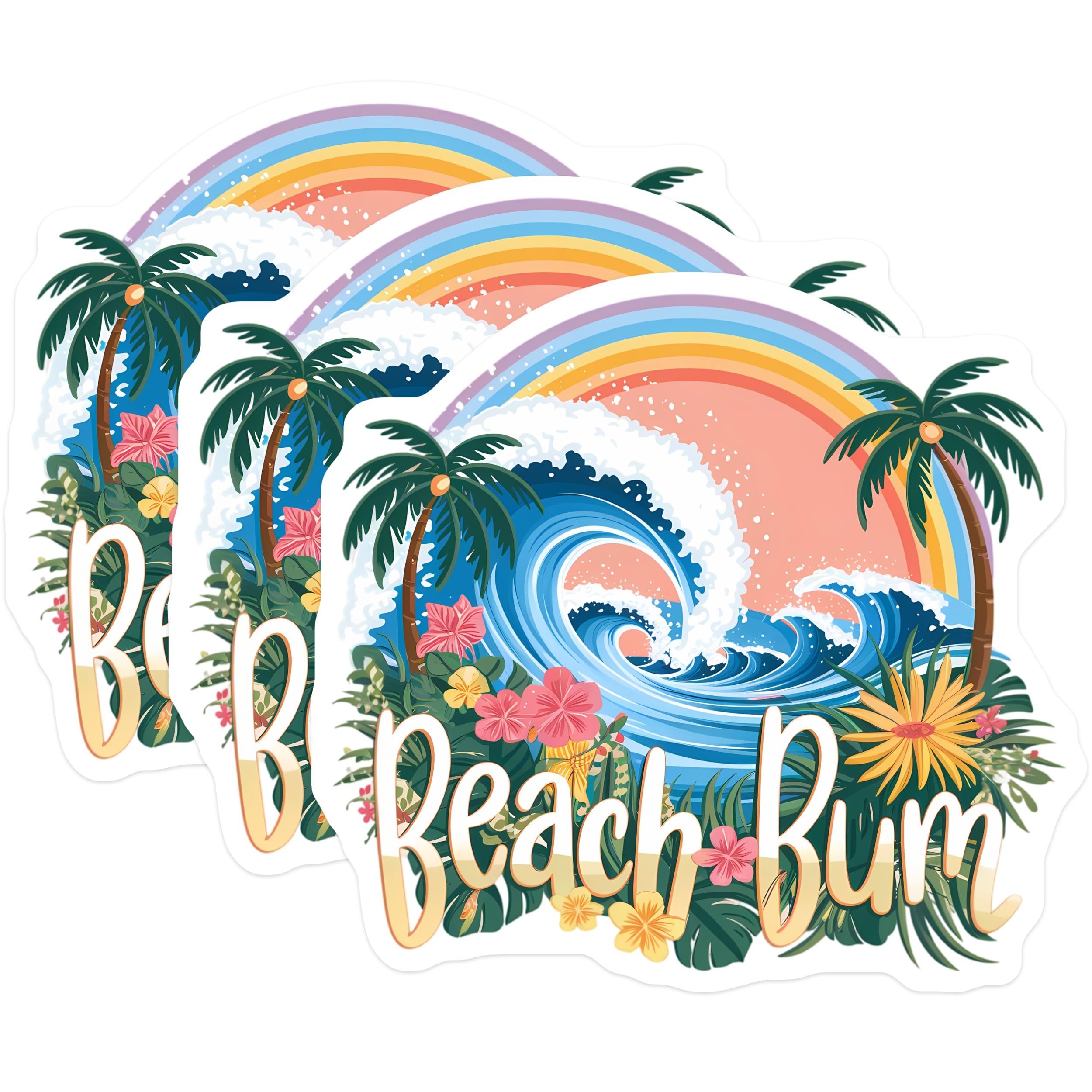 (3 Pack) Beach Bum Decals - Tropical Wave - Rainbow Decal - Summer Vibes - 3 Inches On Longest Side - Easy Peel & Apply - Made in USA - 3MCS8353