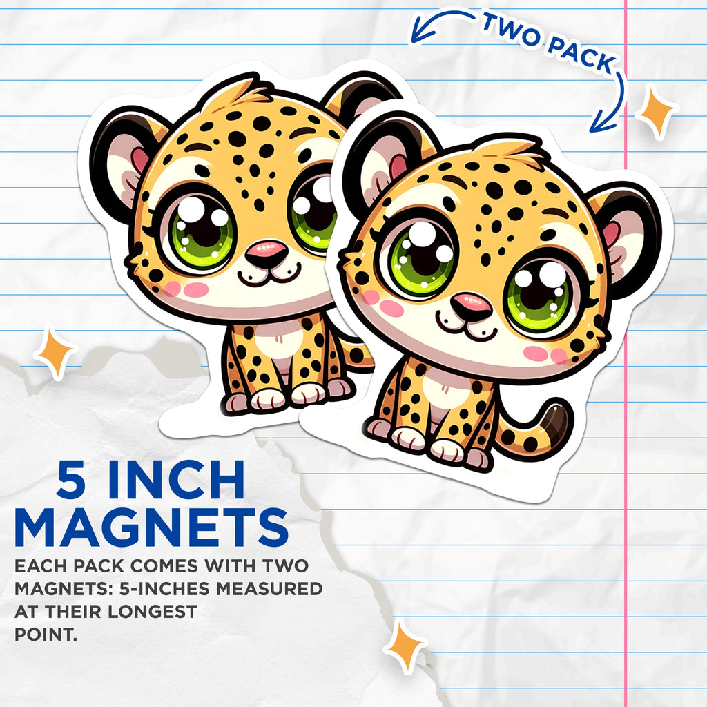 (2 Pack) Kawaii Cheetah Magnets - Cute Big Cat Decor - Refrigerator Locker Accessory - Jungle Animal Cartoon Chibi - Aesthetic Kids Room - 5" - Durable Magnet - Made in USA - MAG37418