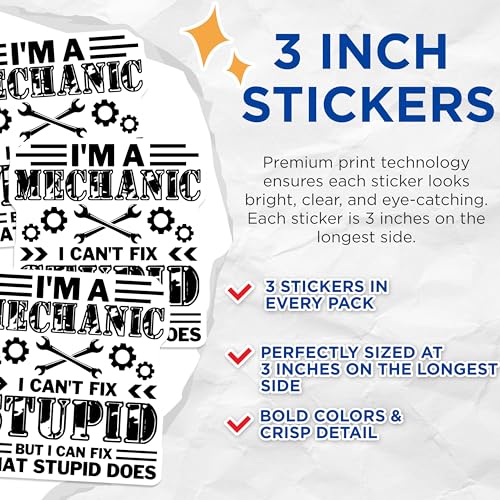 (3 Pack) Mechanic Decals - I Can't Fix Stupid - Auto Repair Decals - 3 Inches On Longest Side - Easy Peel & Apply - Made in USA - 3MCS4928