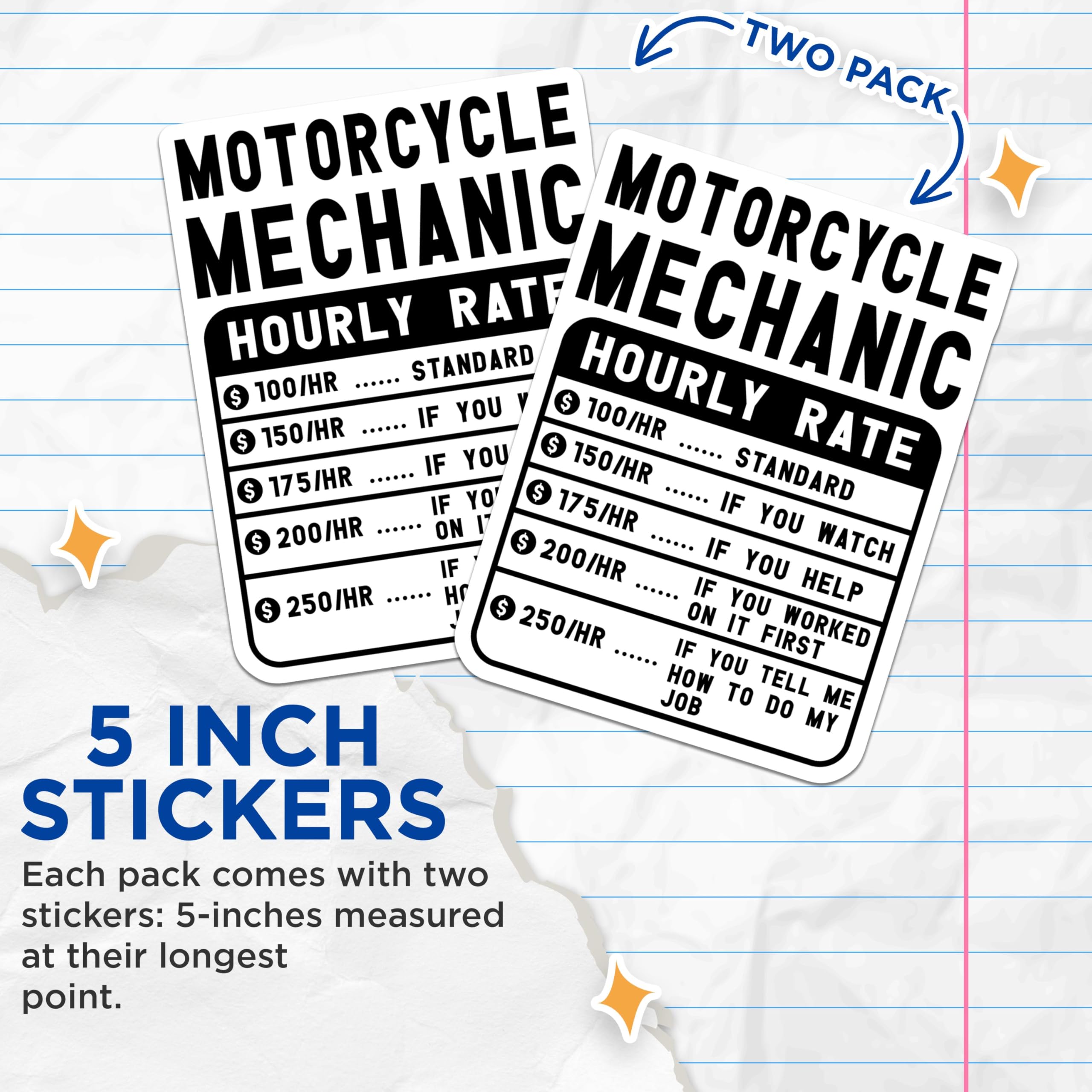 (2 Pack) Motorcycle Mechanic Hourly Rate Stickers - Funny Garage Mechanic Stickers - Motorcycle Shop Meme - 5" On Longest Side - Sticks to Smooth Flat Surfaces - Made in USA - BMCS5001