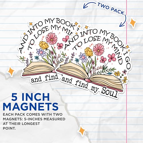 (2 Pack) Book and Mind Magnets - Reading Inspirational Magnets - Literary Flower Magnets- 5" On Longest Side - for Fridges, Toolboxes, Cars - Made in USA - MAG2917