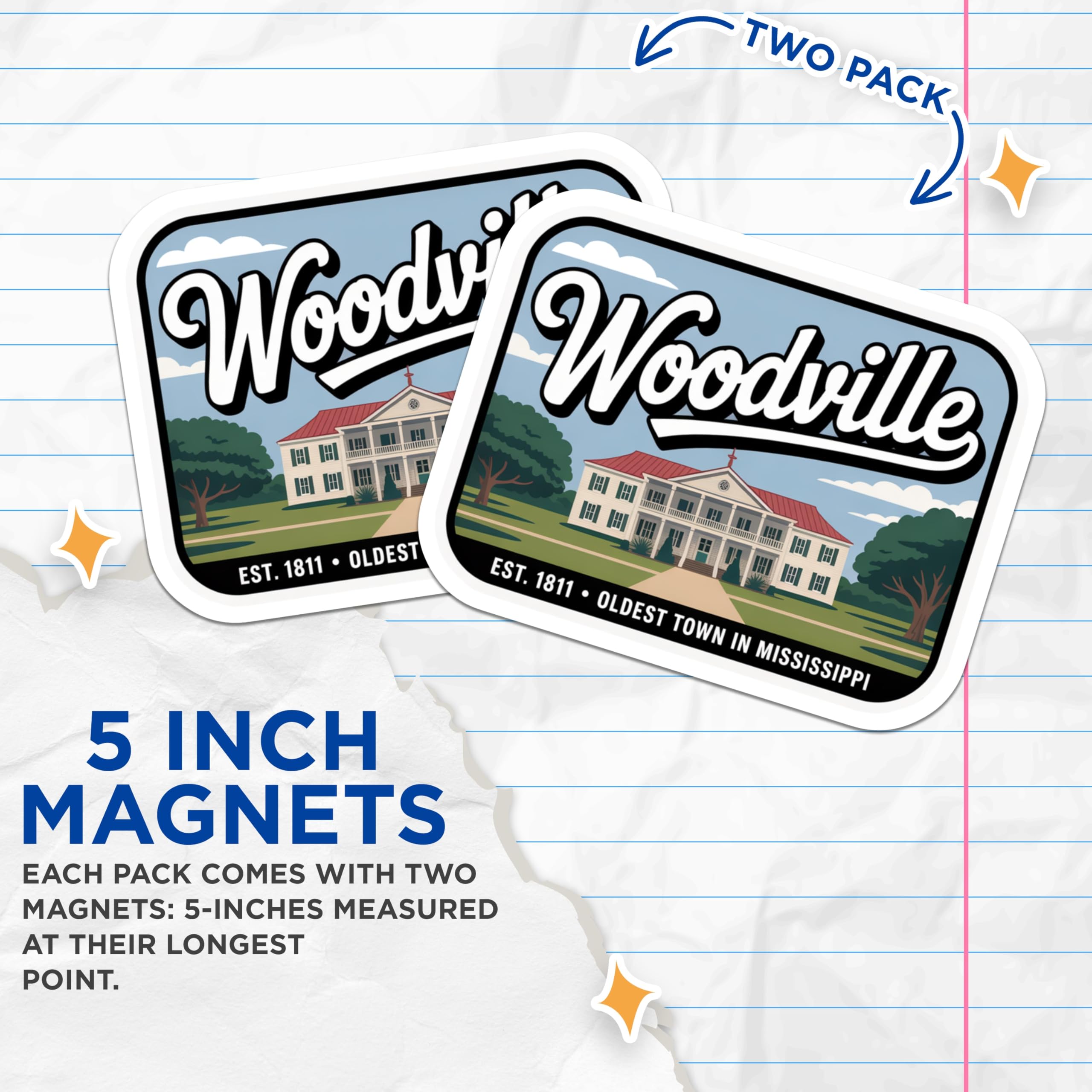 (2 Pack) Woodville Mississippi Magnets - Oldest Town Decor - Mississippi Travel Souvenir - 5" On Longest Side - Premium Magnet - for Cars, Refrigerators, Toolboxes, Lockers - Made in USA - MAG17163