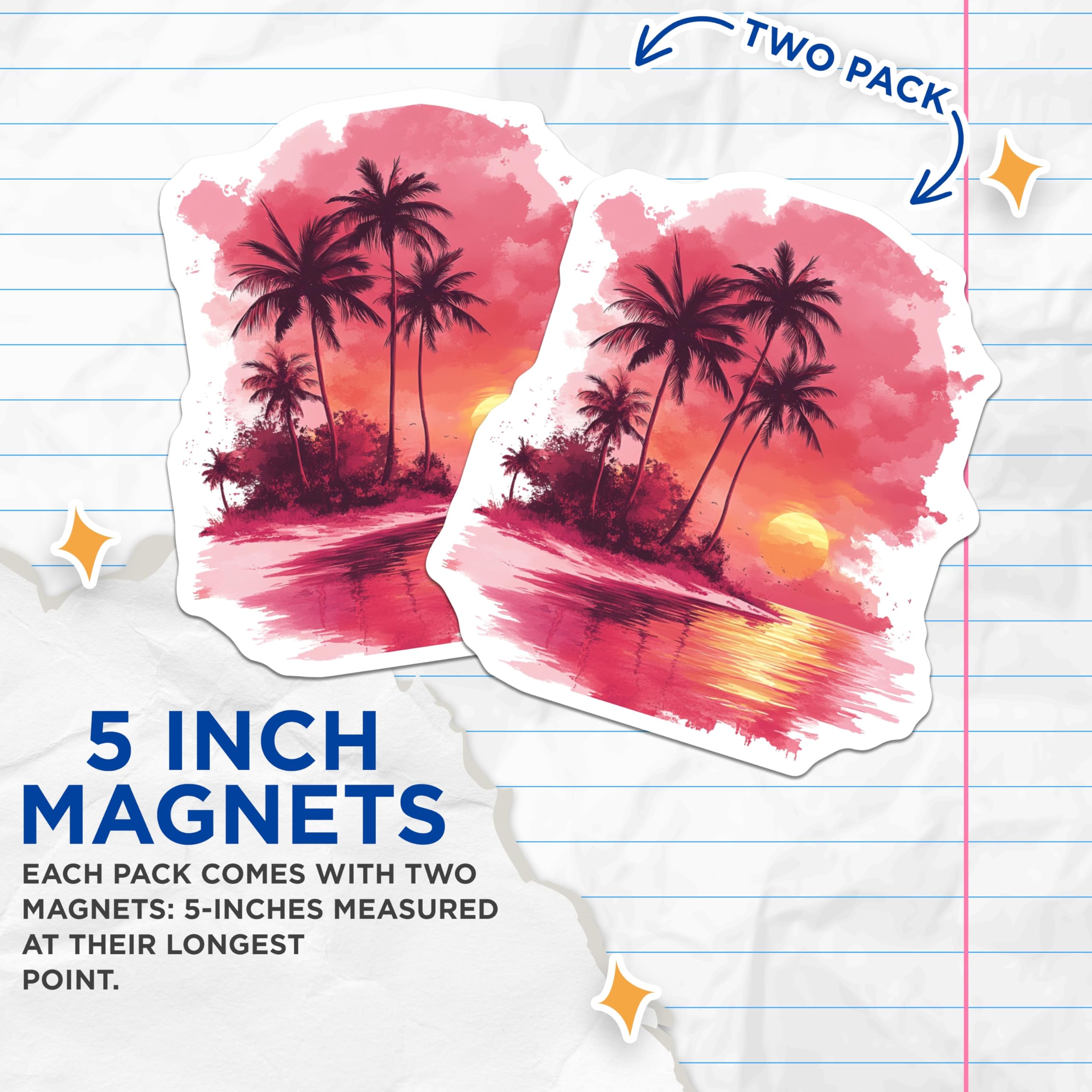 (2 Pack) Tropical Sunset Magnets - Palm Tree Beach Scene - Vibrant Pink Aesthetic Refrigerator Decor - 5 Inches On Longest Side - Thick Durable Magnet - Made in USA - MAG28188