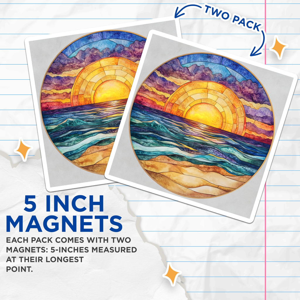 (2 Pack) Stained Glass Sunrise Magnets - Ocean Beach Scene - Vibrant Coastal Decor - 5 Inches On Longest Side - Thick Durable Magnet - Made in USA - MAG25481