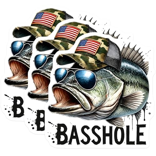(3 Pack) Bass Fishing Decals - Funny Fisherman - Laptop Sticker - 3 Inches On Longest Side - Easy Peel & Apply - Made in USA - 3MCS8617