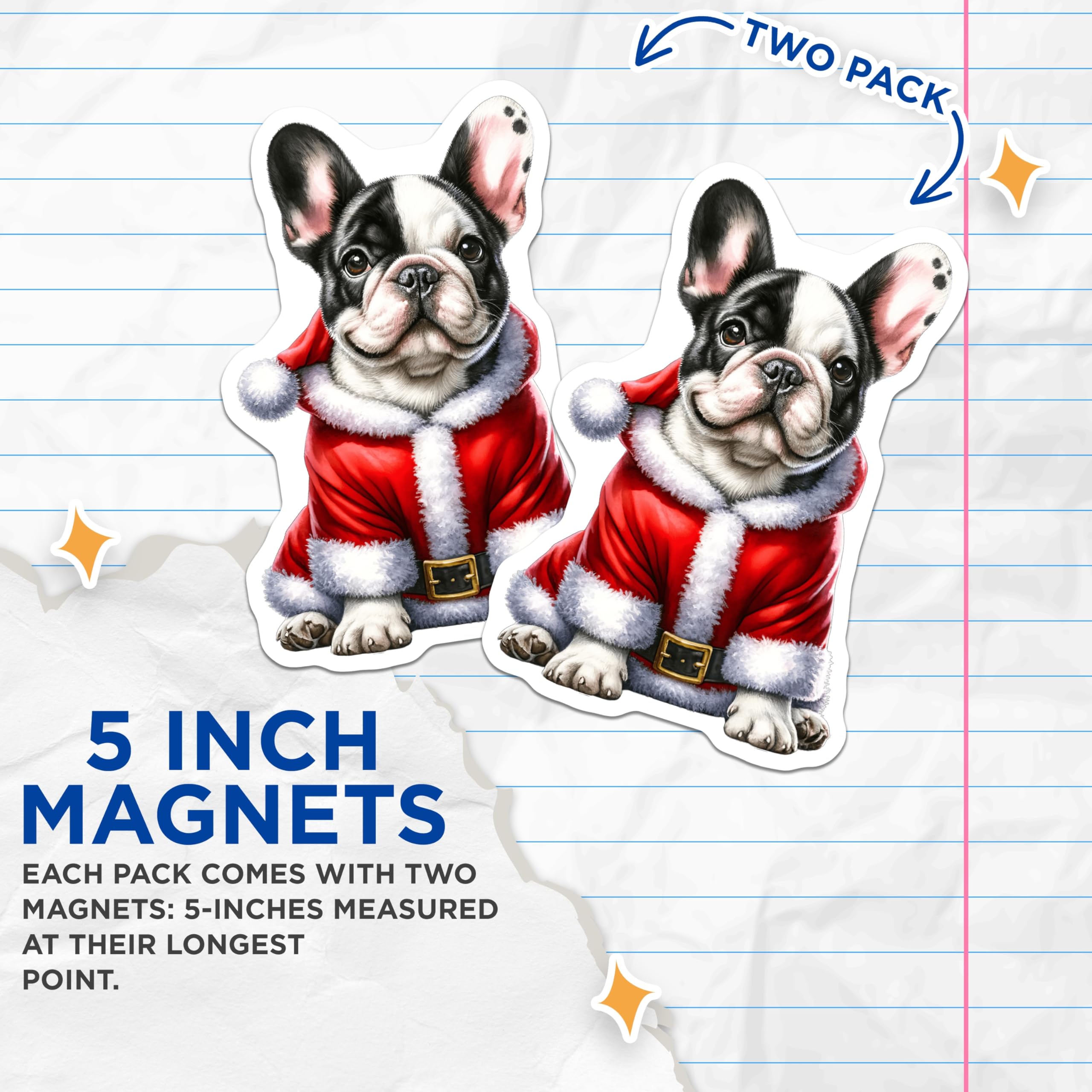 (2 Pack) French Bulldog Magnets - Santa Puppy Christmas Decor - Adorable Frenchie Holiday Pet - 5 Inches On Longest Side - Thick Durable Magnet - Made in USA - MAG24192