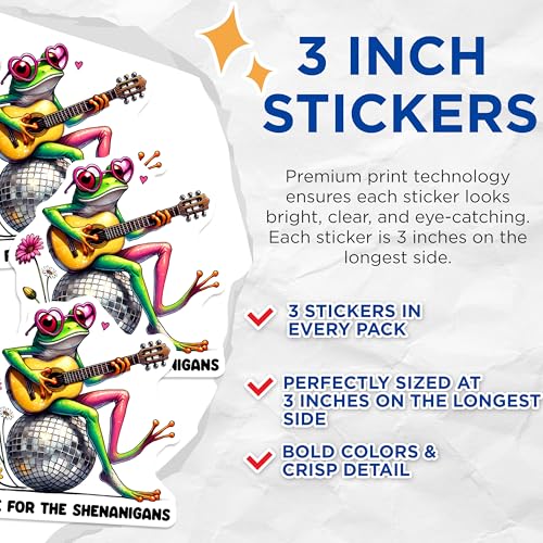 (3 Pack) Frog Shenanigans Decals - Guitar Playing Amphibian - Disco Ball Animal Decal - 3 Inches On Longest Side - Easy Peel & Apply - Made in USA - 3MCS6378